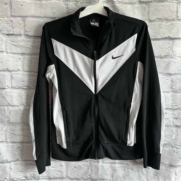 PREOWNED NIKE ZIP FRONT TRACK JACKET BLACK WHITE WOMENS SIZE MEDIUM DRI FIT - Picture 1 of 6